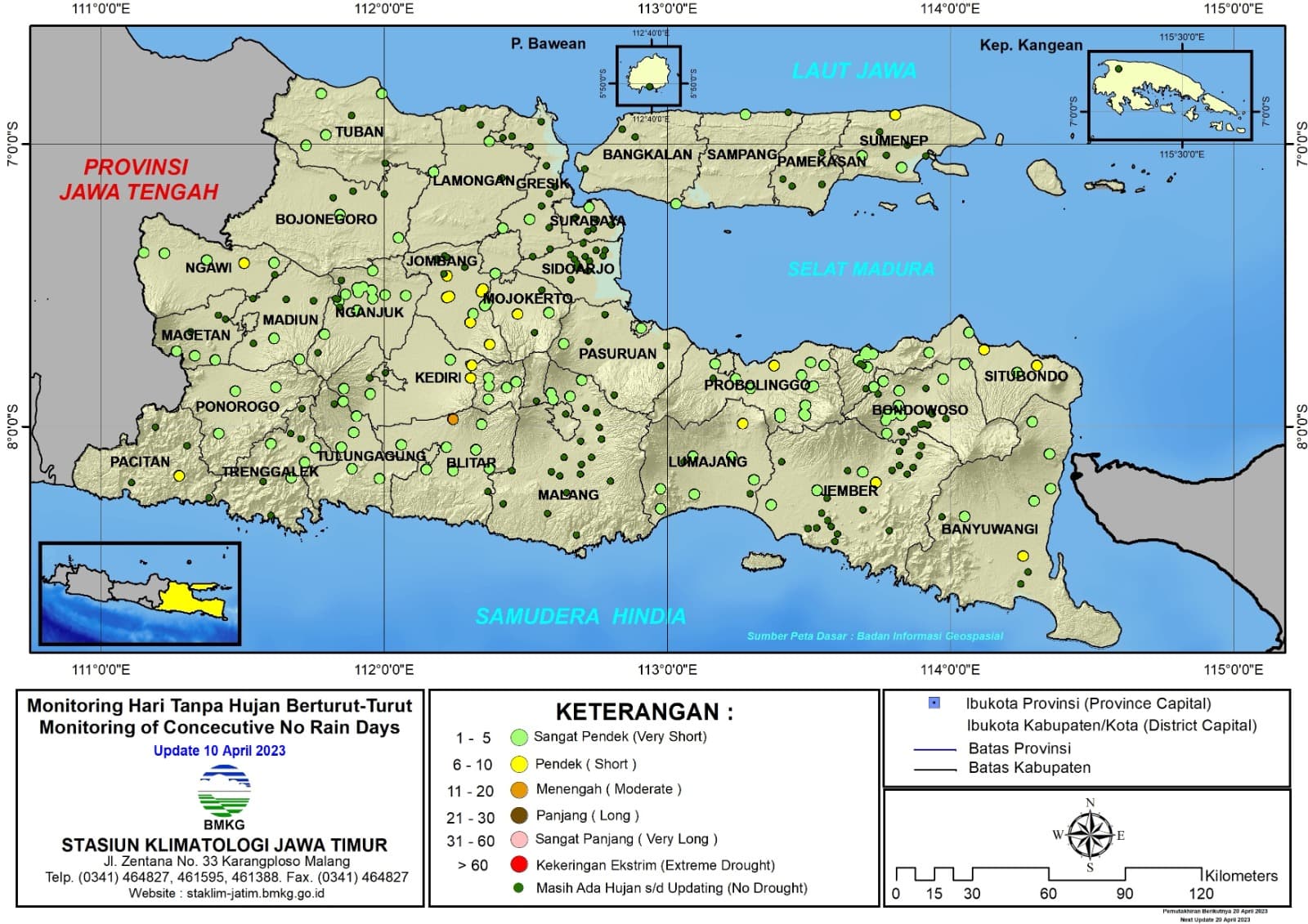 ( Analisis - Dasarian ) Monitoring Hari Tanpa Hujan Berturut-Turut Update 10 April Tahun 2023 di Provinsi Jawa Timur
